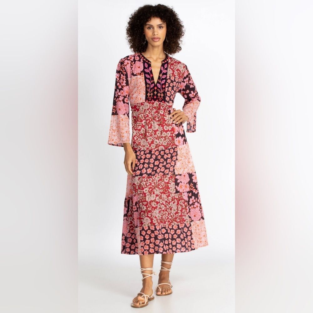 Johnny Was Pink and Black Patchwork Floral Midi Dress